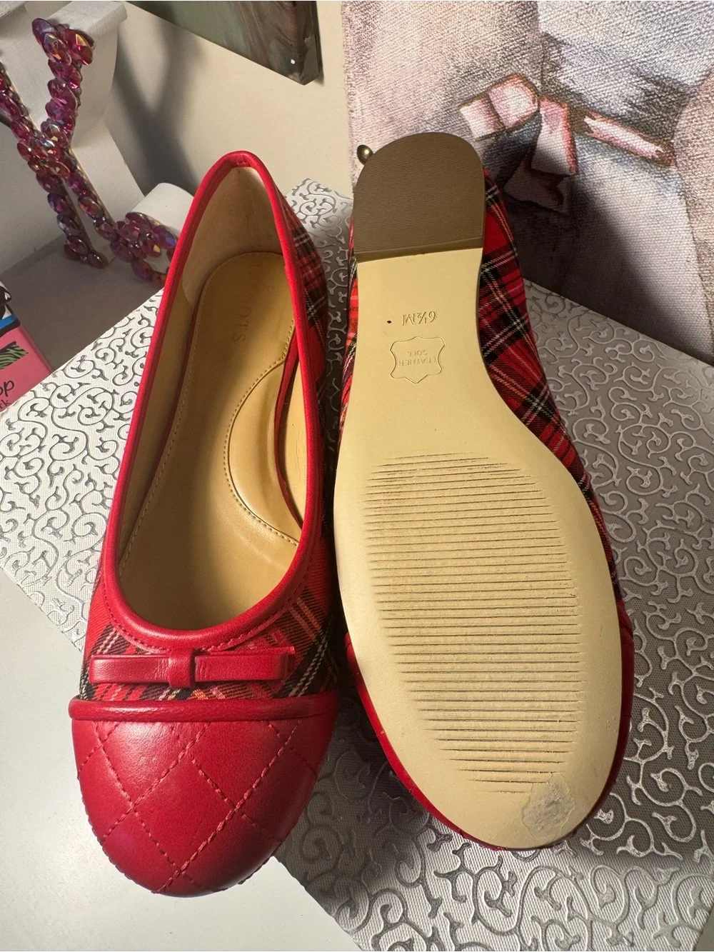 Talbots Red Quilted Plaid Ballet Flats - Classic Women Shoes -New